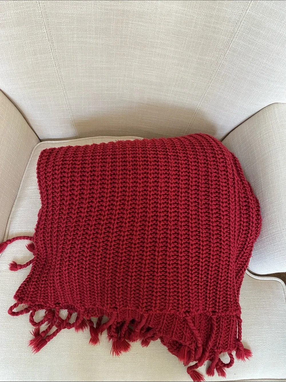 Pottery Barn Red Waffle Knit Throw Blanket with Fringe 50”x60”